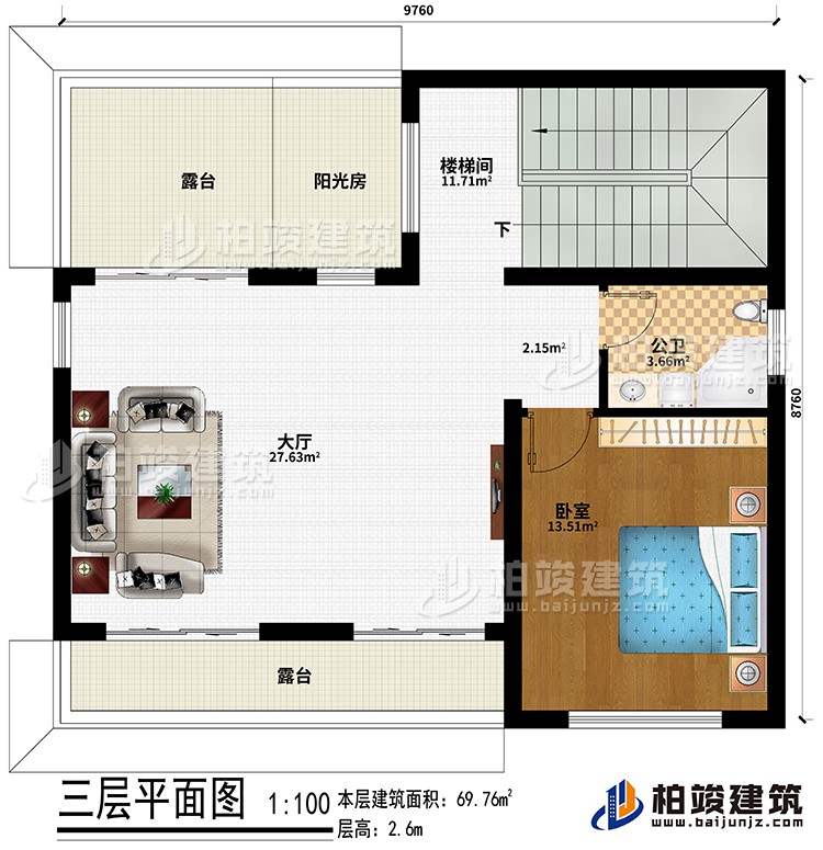 三層：樓梯間、大廳、臥室、公衛(wèi)、陽光房、2露臺