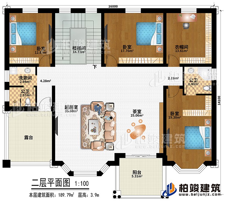 二層：樓梯間、起居室、茶室、3臥室、衣帽間、洗漱間、公衛(wèi)、內(nèi)衛(wèi)、陽臺(tái)、露臺(tái)