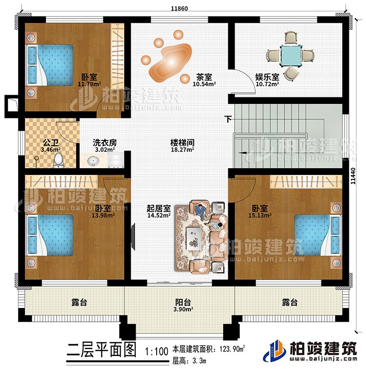 二層：樓梯間、起居室、茶室、3臥室、娛樂室、洗衣房、公衛(wèi)、陽臺、2露臺