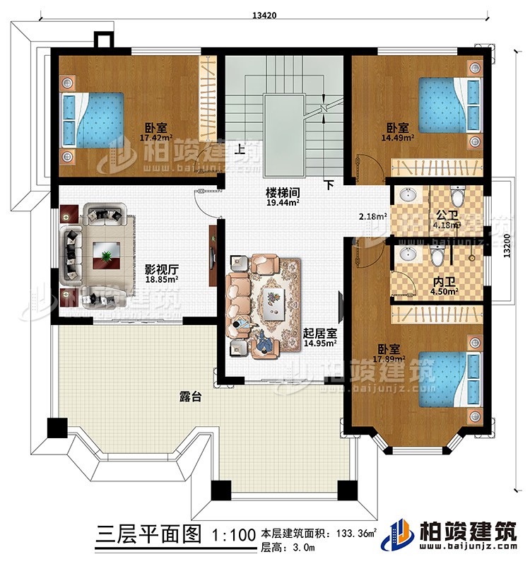 三層：樓梯間、起居室、影視廳、3臥室、公衛(wèi)、內(nèi)衛(wèi)、露臺(tái)