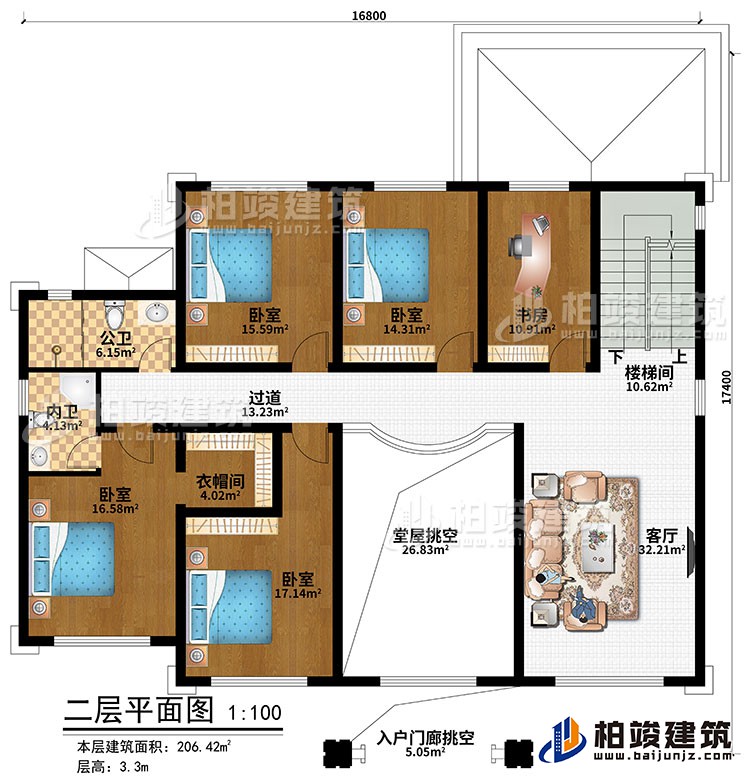 二層：樓梯間、客廳、堂屋挑空、入戶門廊挑空、4臥室、衣帽間、書房、公衛(wèi)、內(nèi)衛(wèi)