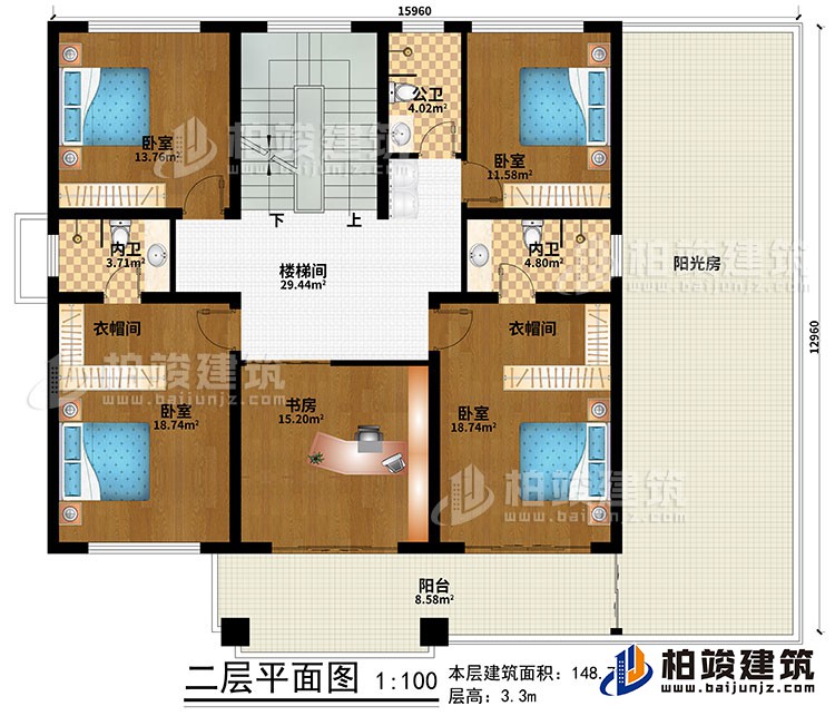 二層：樓梯間、4臥室、書房、2衣帽間、公衛(wèi)、2內(nèi)衛(wèi)、陽(yáng)臺(tái)、陽(yáng)光房