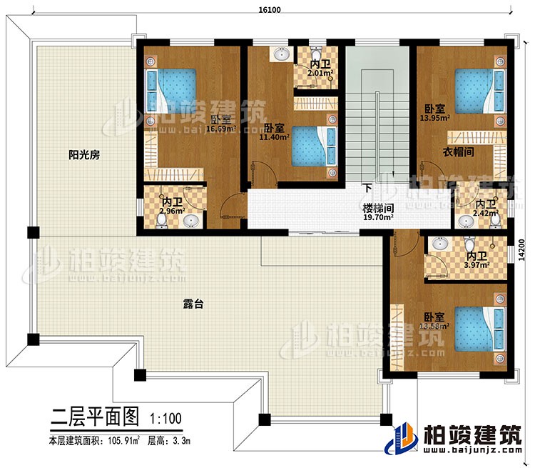 二層：4臥室、衣帽間、樓梯間、4內(nèi)衛(wèi)、陽(yáng)光房、露臺(tái)