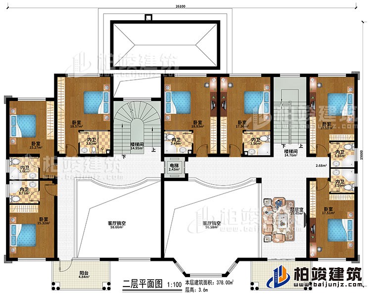 二層：2樓梯間、2客廳挑空、起居室、7臥室、7內(nèi)衛(wèi)、電梯、2陽臺(tái)