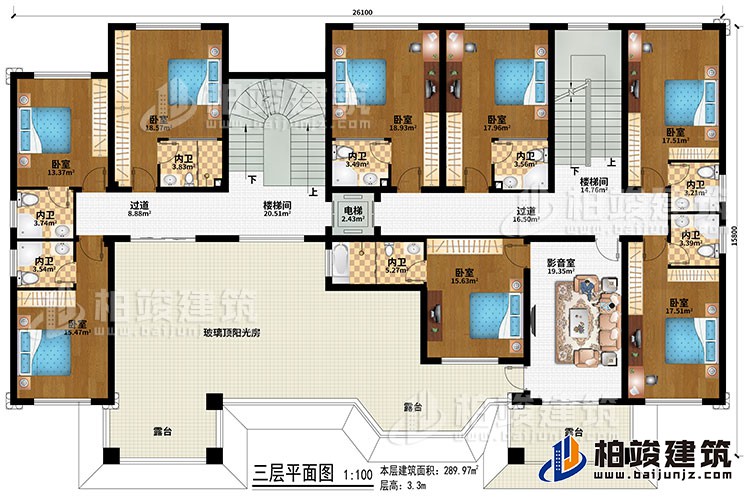 三層：2樓梯間、2過道、影音室、8臥室、2內(nèi)衛(wèi)、3露臺(tái)、玻璃頂陽光房、電梯