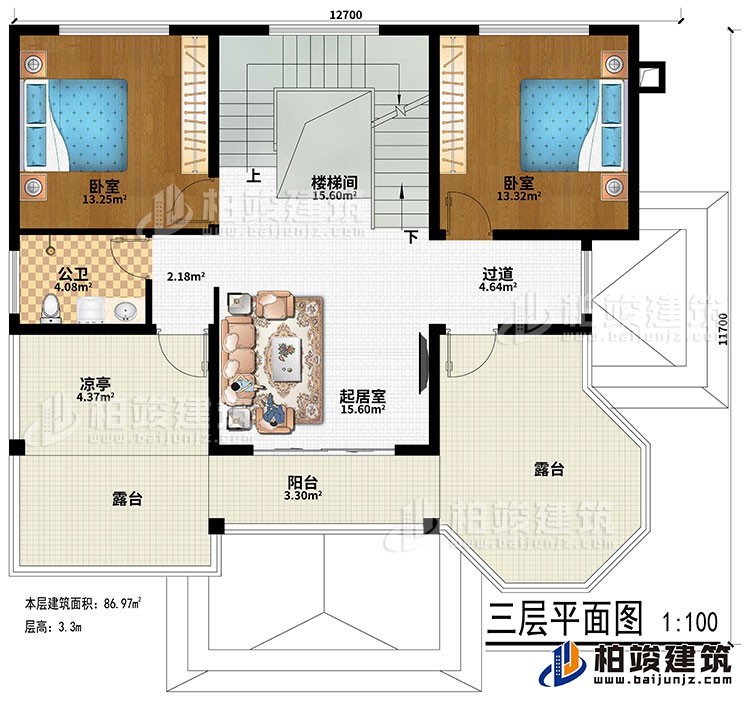 三層：樓梯間、過道、起居室、2臥室、公衛(wèi)、涼亭、陽臺、2露臺