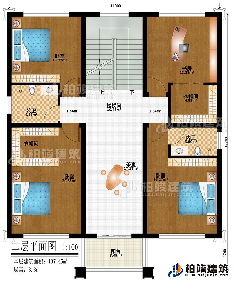 二層：樓梯間、3臥室、2衣帽間、書房、茶室、公衛(wèi)、內(nèi)衛(wèi)、陽臺(tái)