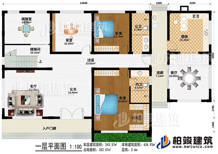 一層：入戶門廊、客廳、玄關(guān)、樓梯間、過道、棋牌室、茶室、餐廳、廚房、2臥室、衣帽間、公衛(wèi)、內(nèi)衛(wèi)、連廊