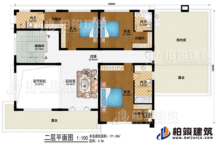 二層：樓梯間、客廳挑空、起居室、過道、3臥室、3衣帽間、3內(nèi)衛(wèi)、陽光房、2露臺