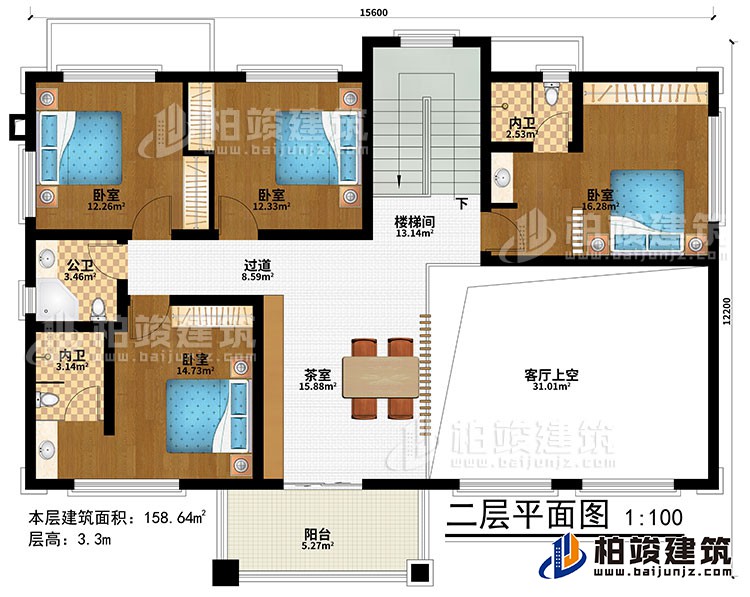 二層：樓梯間、茶室、客廳上空、4臥室、過道、公衛(wèi)、2內(nèi)衛(wèi)、陽臺