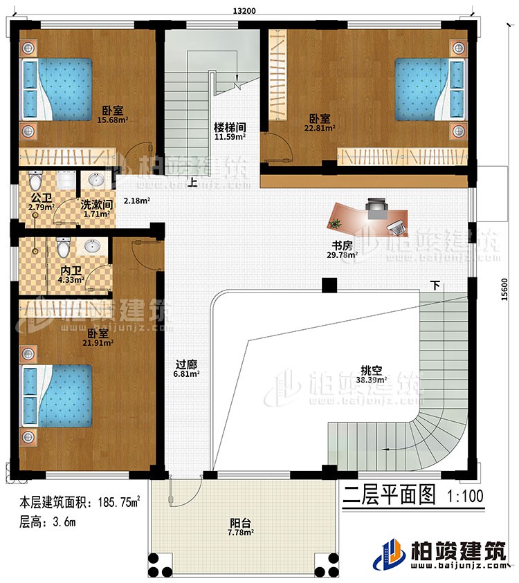 二層：挑空、過道、書房、樓梯間、3臥室、洗漱間、公衛(wèi)、內(nèi)衛(wèi)、陽臺