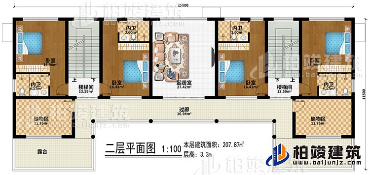 二層：起居室、2樓梯間、4臥室、4內(nèi)衛(wèi)、2儲物間、過廊、2露臺