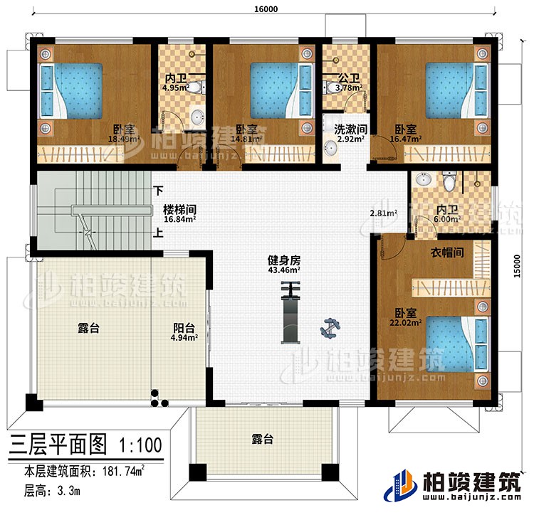 三層：樓梯間、健身房、4臥室、洗漱間、公衛(wèi)、內(nèi)衛(wèi)、陽臺(tái)、2露臺(tái)