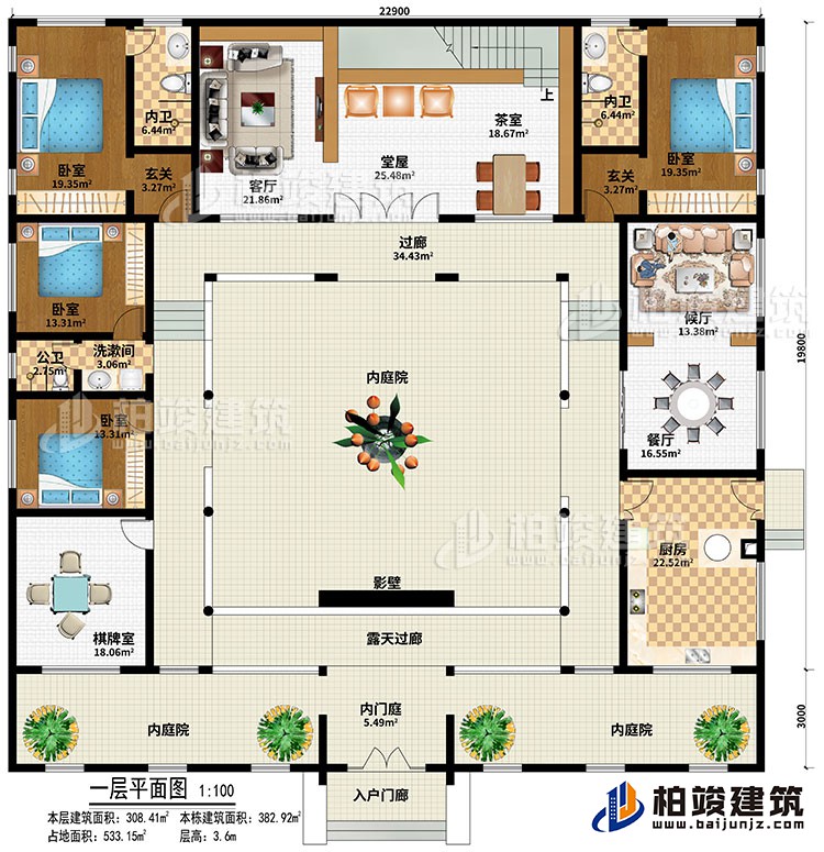 一層：入戶門廊、內(nèi)門庭、3內(nèi)庭院、棋牌室、廚房、餐廳、候廳、客廳、堂屋、茶室、2玄關(guān)、4臥室、2內(nèi)衛(wèi)、公衛(wèi)、影壁