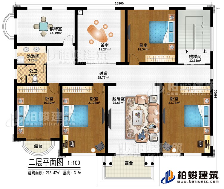 二層：樓梯間、起居室、過(guò)道、茶室、棋牌室、4臥室、洗漱間、公衛(wèi)、2露臺(tái)