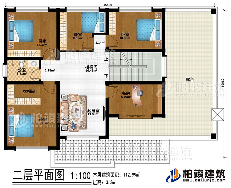 二層：樓梯間、起居室、4臥室、衣帽間、書房、公衛(wèi)、露臺