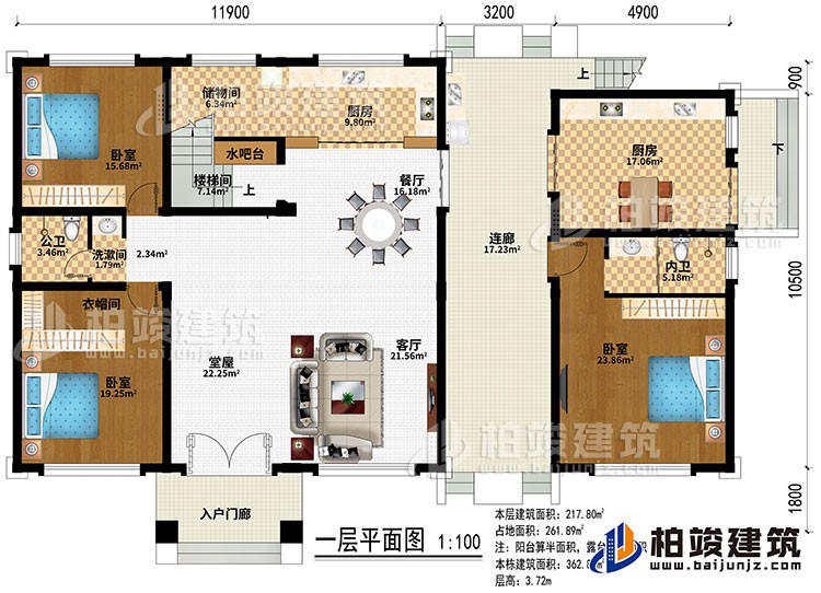 一層：入戶門廊、堂屋、客廳、餐廳、2廚房、儲物間、水吧、3臥室、衣帽間、洗漱間、公衛(wèi)、內(nèi)衛(wèi)、樓梯間